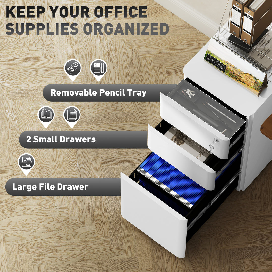 3-Drawer Steel Filing Cabinet with Lock - White