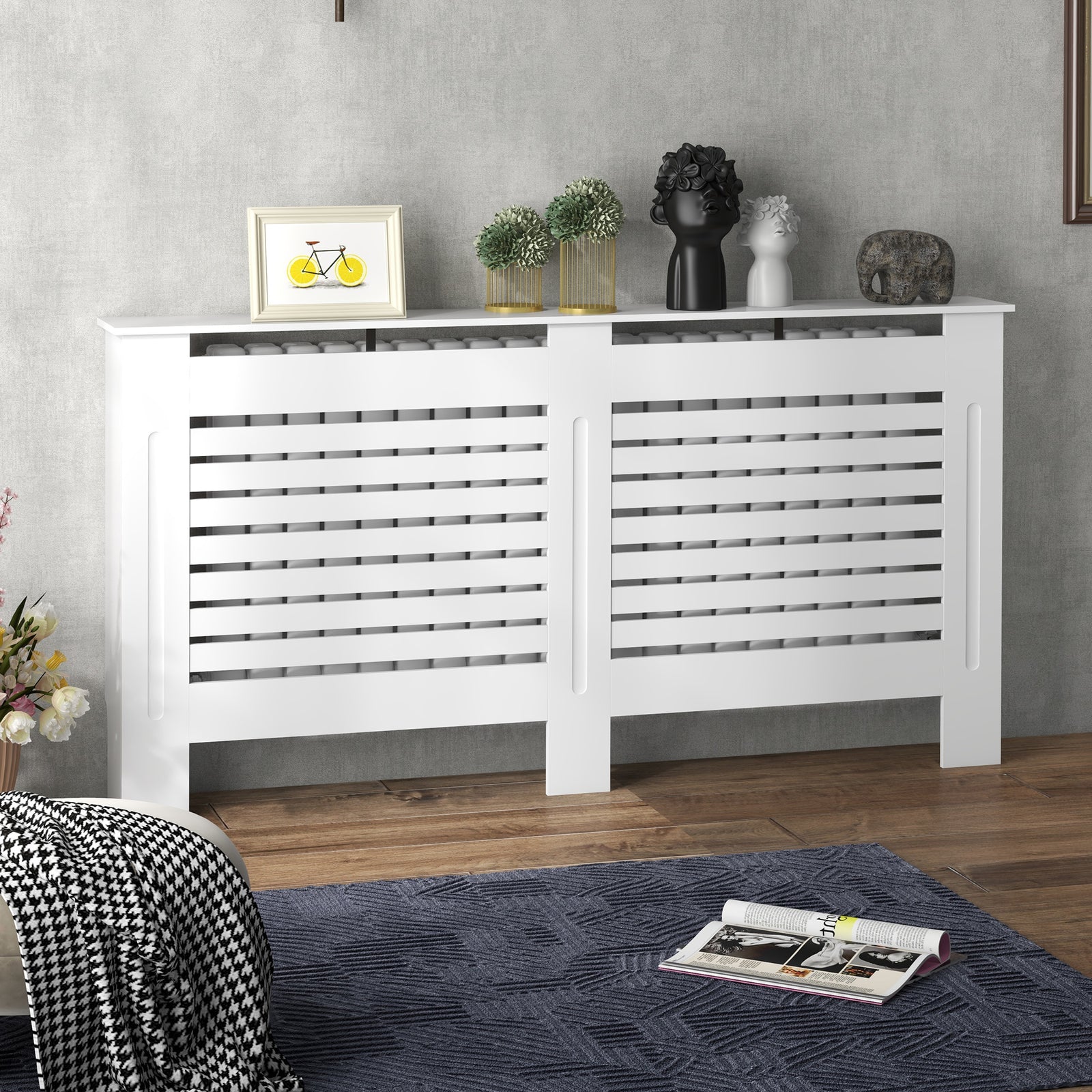 Radiator Cover, Modern MDF White Painted Cabinet with Horizontal Slats for Living Room, Bedroom, 152L x 19W x 81H cm