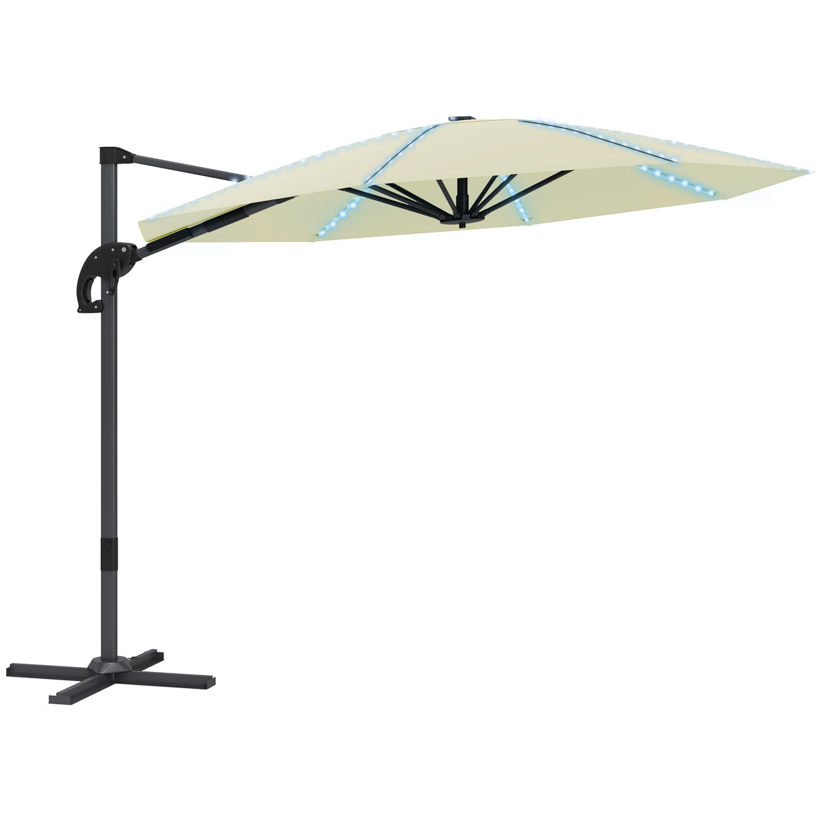 3(m) Cantilever Garden Parasol with Solar Powered Lights, Crank Handle & Cross Base, UPF 50+, 360° Rotation, Cream