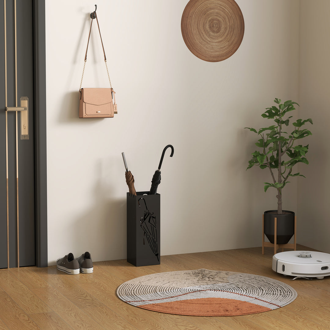 Metal Umbrella Stand, Square Umbrella Holder with 4 Hooks and Removable Drip Tray, Decorative Umbrella Storage Rack for Entryway, Hallway, 15.5 x 15.5 x 41 cm, Black