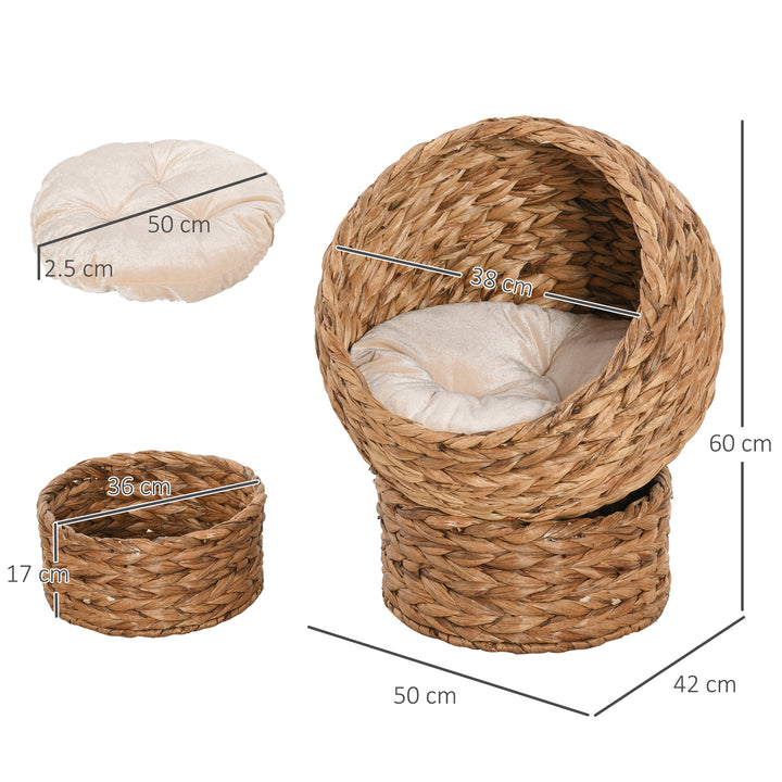 PawHut Wicker Cat Bed, Elevated Rattan Basket with Soft Washable Cushion, 50 x 42 x 60 cm, Brown | Aosom UK