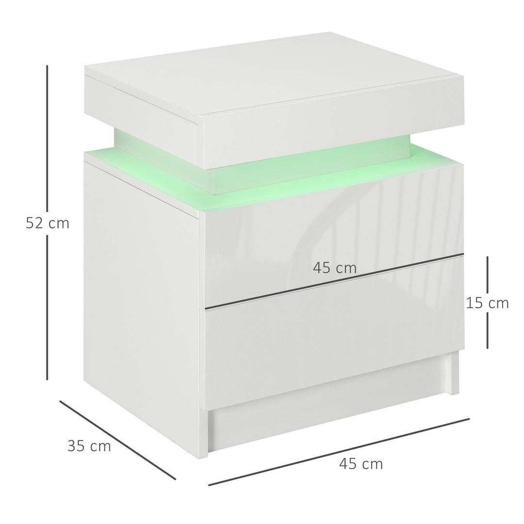 HOMCOM White Bedside Cabinets with LED Light, High Gloss Front Nightstand with 2 Drawers, for Living Room, Bedroom