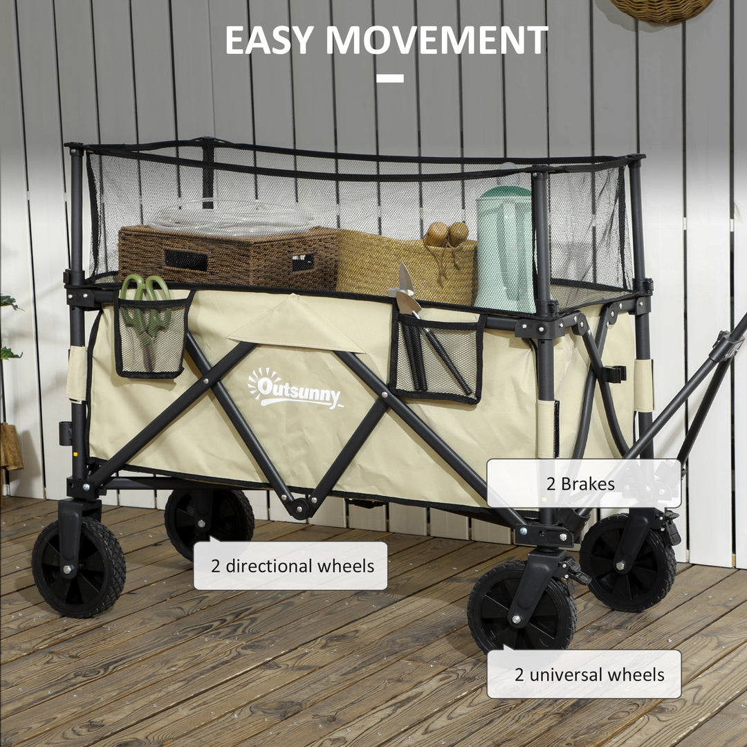 Outsunny Folding Trolley Wagon Cart, 180L with Extendable Side Walls for Beach, Camping, Festivals, Khaki