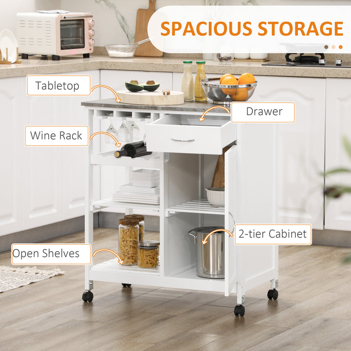 MCL Compact Kitchen Trolley Utility Cart on Wheels with Wine Rack, Drawer, Open Shelf and Storage Cabinet for Dining Room, White