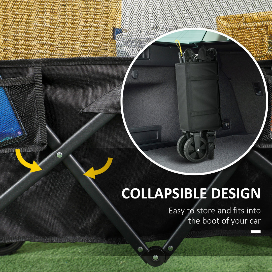 Folding Garden Trolley, 180L Wagon Cart with Extendable Side Walls, for Beach, Camping, Festival, Black