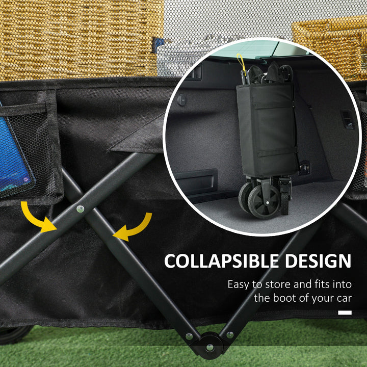Folding Garden Trolley, 180L Wagon Cart with Extendable Side Walls, for Beach, Camping, Festival, Black
