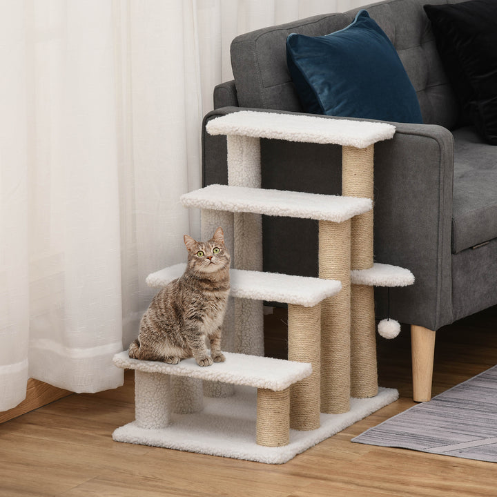 MCL Pet Stair with 4-step Climb Ladder, Scratching Posts, Platforms, Toy Ball, for Indoor Elderly Cats Kittens, White