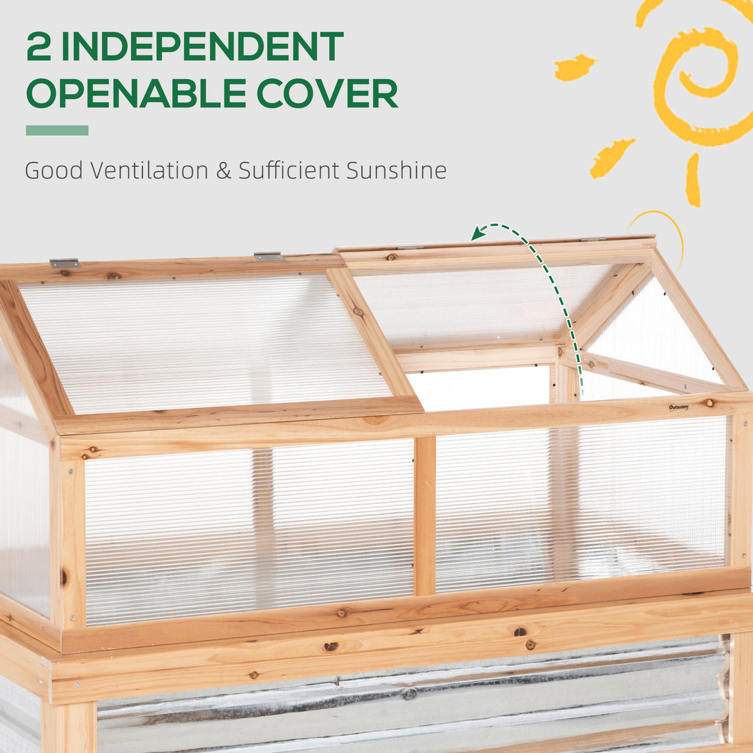 Raised Garden Bed with Greenhouse Top, Garden Wooden Cold Frame Greenhouse Flower Planter Protection with 2 Independent Roofs, 122x 61 x 82cm, Natural