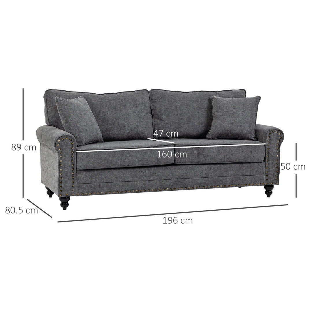 3 Seater Sofa, Fabric Couch with Rubber Wood Legs, 3 Seater Settee with Extra Padded Cushions and Pillows for Living Room, 196W x 80.5D x 89H cm, Grey