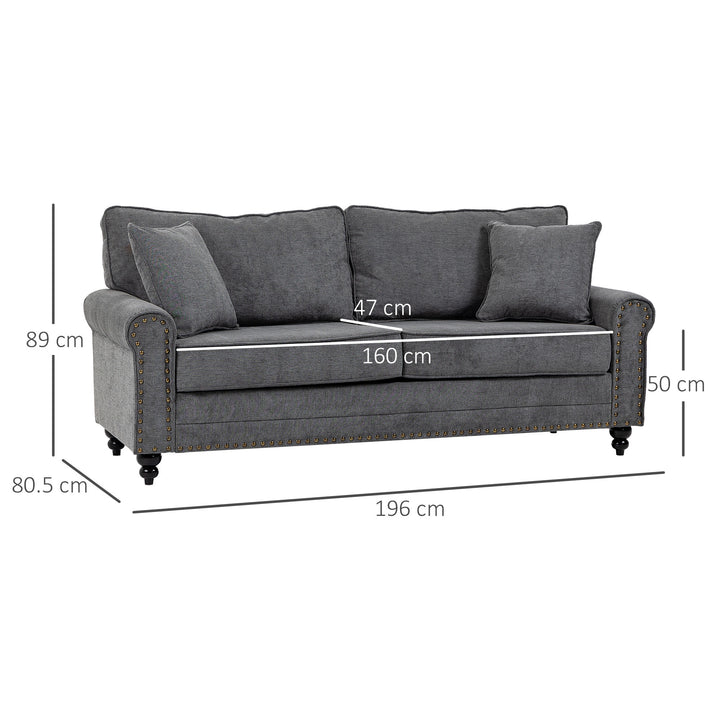 3 Seater Sofa, Fabric Couch with Rubber Wood Legs, 3 Seater Settee with Extra Padded Cushions and Pillows for Living Room, 196W x 80.5D x 89H cm, Grey