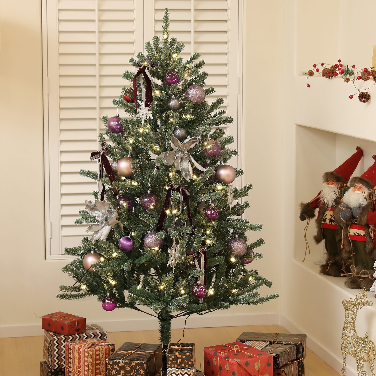 5ft Artificial Christmas Tree, with Purple Decorations and Lights