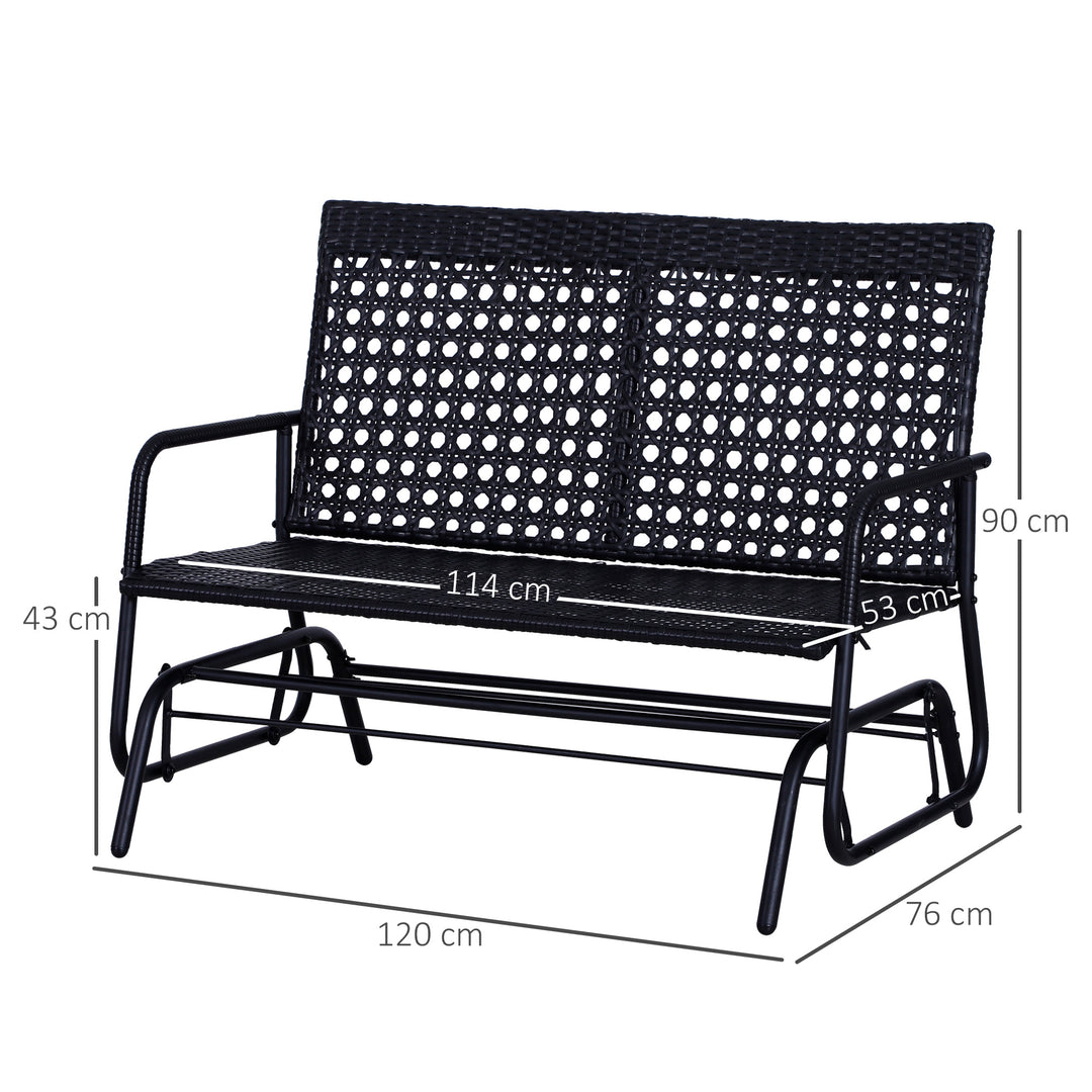 2 Seater PE Rattan Glider Bench, Outdoor Loveseat Chair with Steel Frame, Porch Rocking Glider for 2 Person with Armchair, High Back, Black