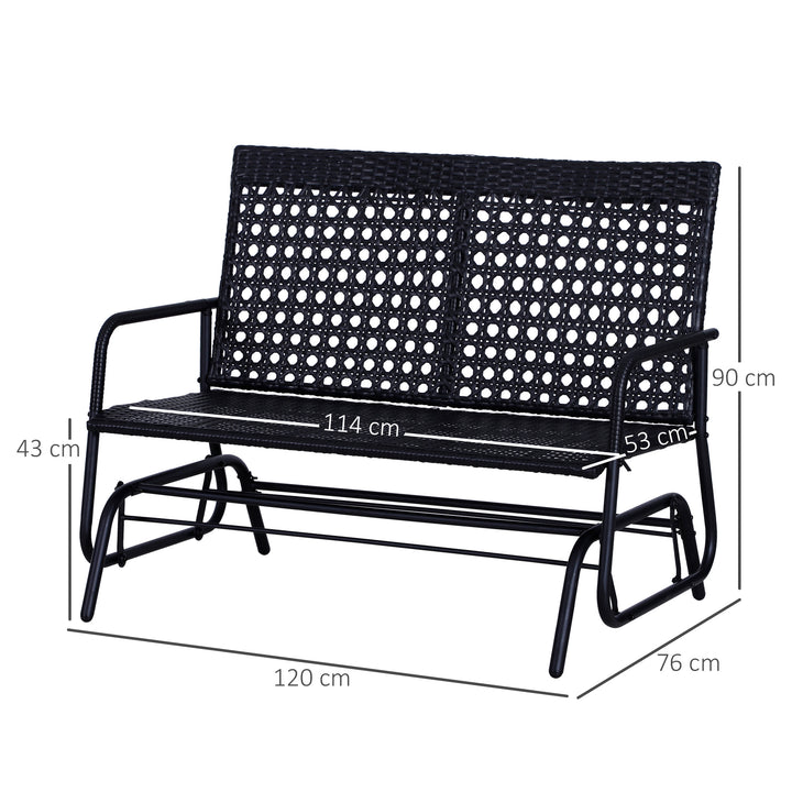 2 Seater PE Rattan Glider Bench, Outdoor Loveseat Chair with Steel Frame, Porch Rocking Glider for 2 Person with Armchair, High Back, Black