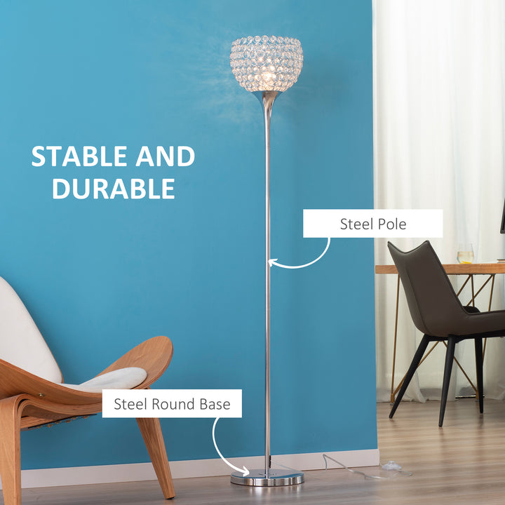 HOMCOM Modern Floor Lamp with K9 Crystal Lampshade, Tall Standing Lamp with E27 Bulb Base and Foot Switch for Living Room Bedroom Study Office Silver