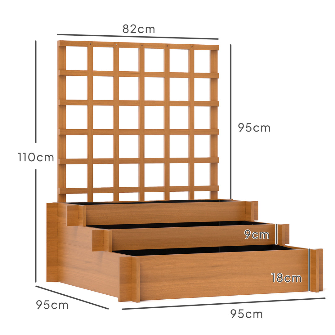 3 Tier Garden Planters with Trellis for Vine Climbing, Wooden Raised Beds, 95x95x110cm, Brown