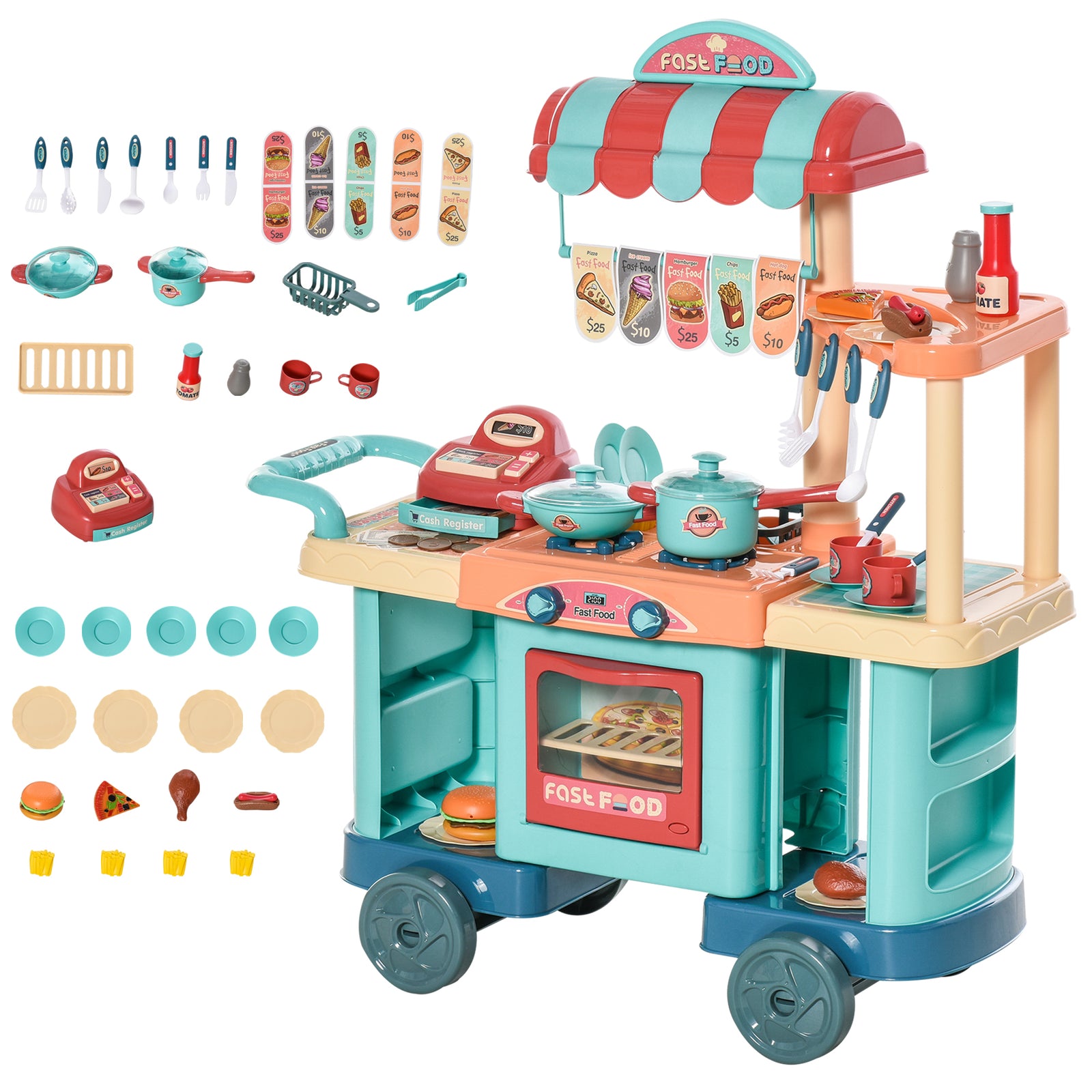 50 Pcs Kids Kitchen Play set Fast Food Trolley Cart Pretend Playset Toys with Play Food Cashier Register Accessories Gift for Boys Girls Age 3-6