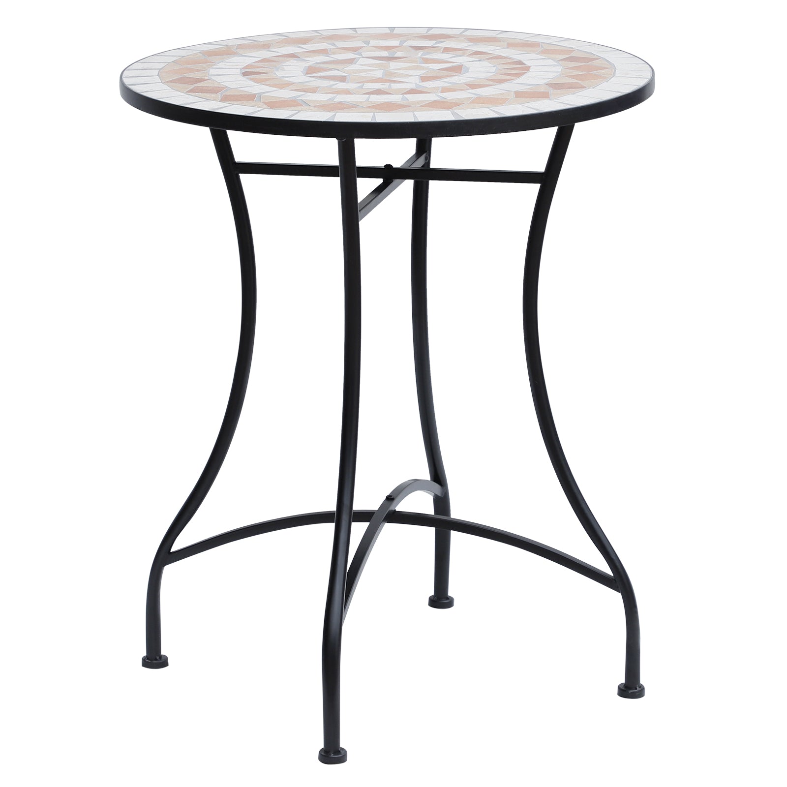 60 cm Mosaic Garden Table, Small Round Outdoor Side Table with Ceramic Top, Plant Stand for Patio, Balcony, Orange and White