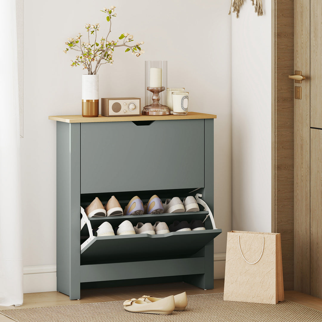 Slim Shoe Cabinet, Narrow Shoe Cupboard with 2 Flip Drawers, Adjustabl
