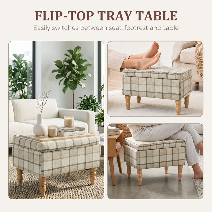 Linen Fabric Upholstered Footstool, Rectangular Storage Stool with Rem