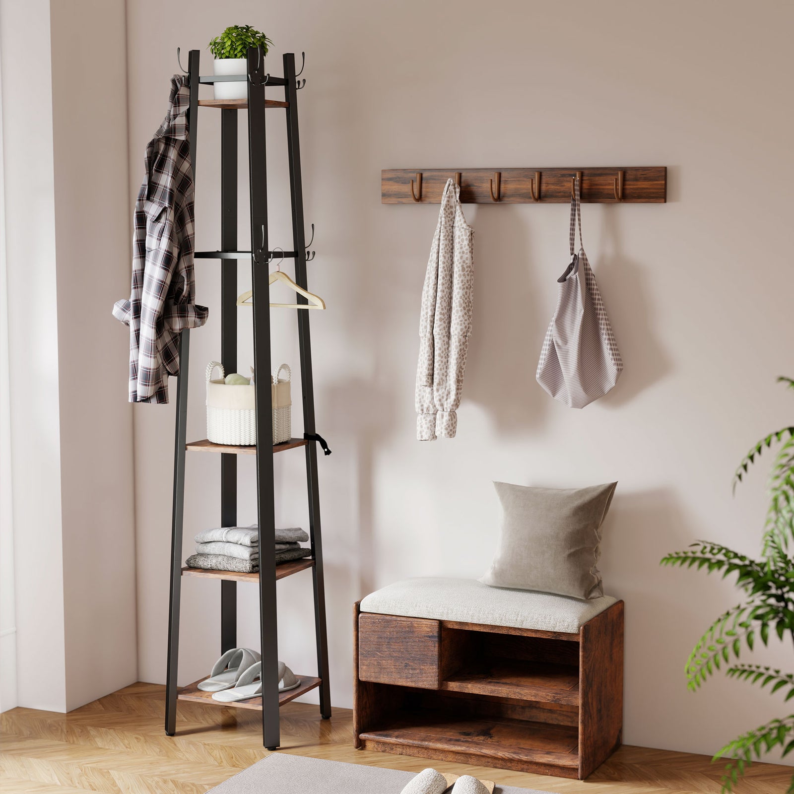 Industrial Coat Stand with 8 Hooks and 4 Shelves - Rustic Brown