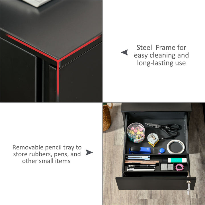 2-Drawer Vertical File Cabinet, Lockable Steel Filing Cabinet with Pencil Tray and Hanging Bar for A4, Letter, Legal-sized Files, Fully Assembled Except Casters, Black