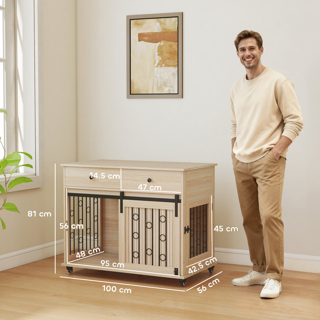 MCL Dog Crate Furniture on Wheels, Dog Cage with 2 Drawers, Sliding Door, for Medium Large Dogs, Oak Tone