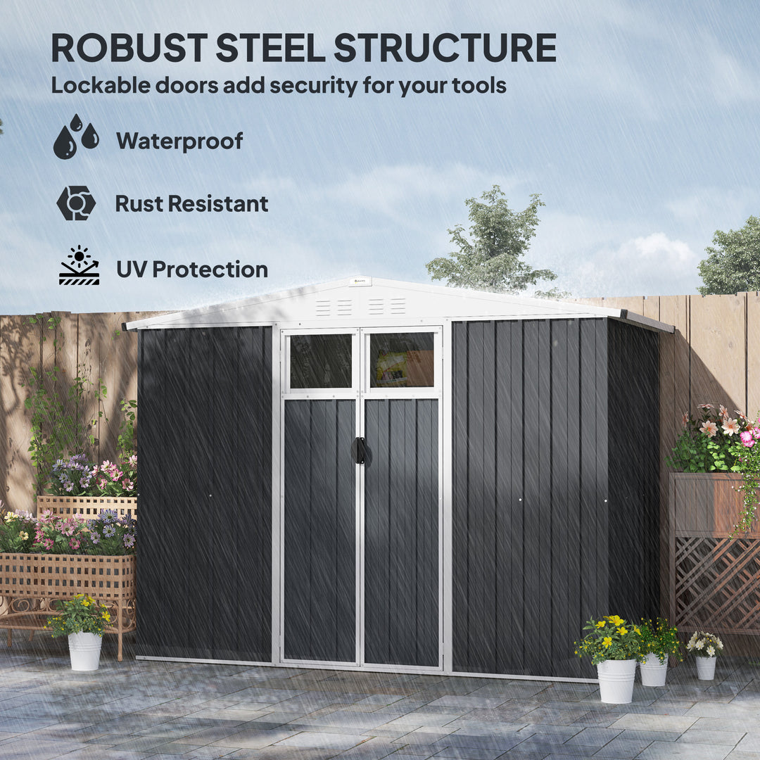 8 x 4 ft Metal Garden Shed, Garden Storage Shed with Window, 4 Vents and Lockable Door, Waterproof Galvanised Steel Tool Storage Shed, Dark Grey