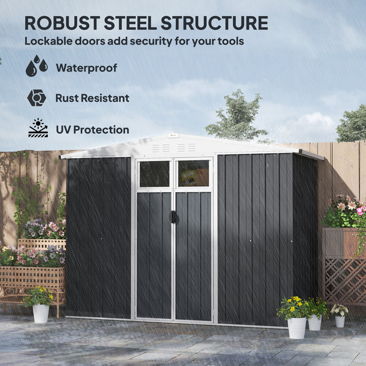 8 x 4 ft Metal Garden Shed, Garden Storage Shed with Window, 4 Vents and Lockable Door, Waterproof Galvanised Steel Tool Storage Shed, Dark Grey