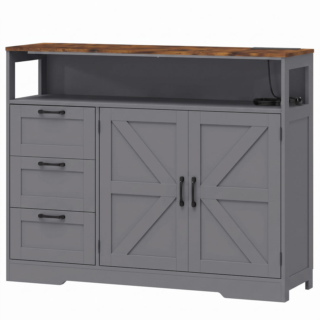 Sideboard Cabinet with Power Outlet, Farmhouse Kitchen Cabinet with 3 - Grey