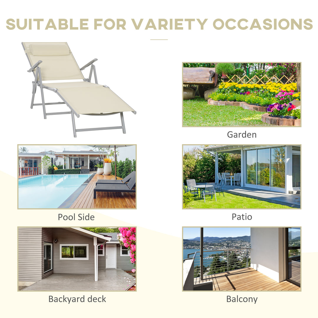 MCL Steel Fabric Sun Lounger Outdoor Folding Chaise Lounge Chair Recliner with Portable Design & 7 Adjustable Backrest Positions - Beige