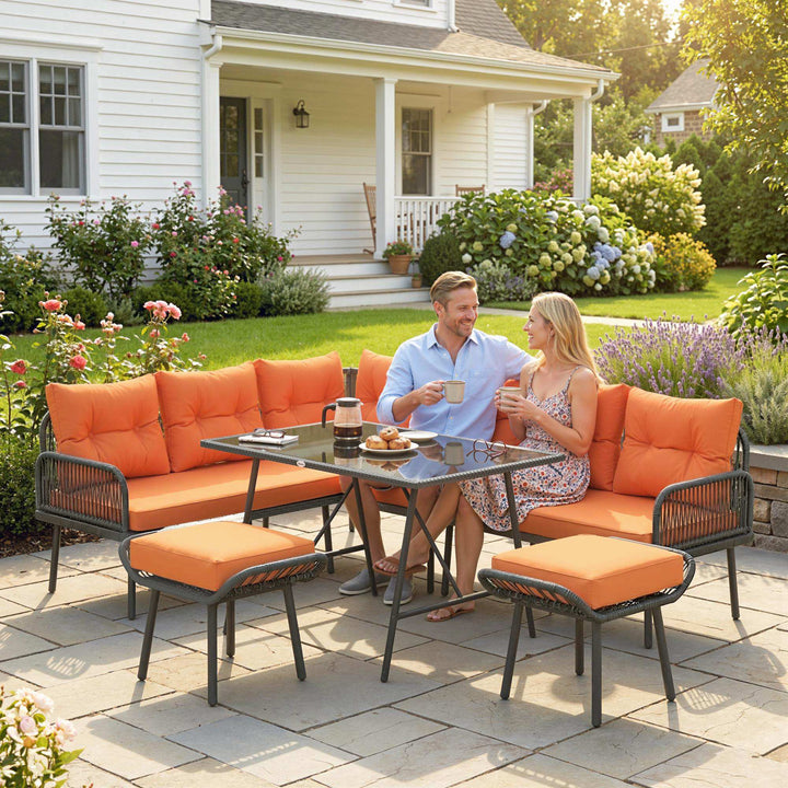 6 Piece Rattan Garden Furniture Set, 8 Seater Garden Corner Sofa with 