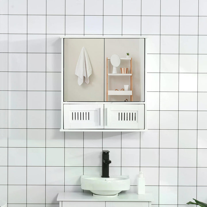 Kleankin Wall Mounted Bathroom Mirror Cabinet, Double Doors Storage Cupboard with Adjustable Shelf, Bathroom Organizer, White.