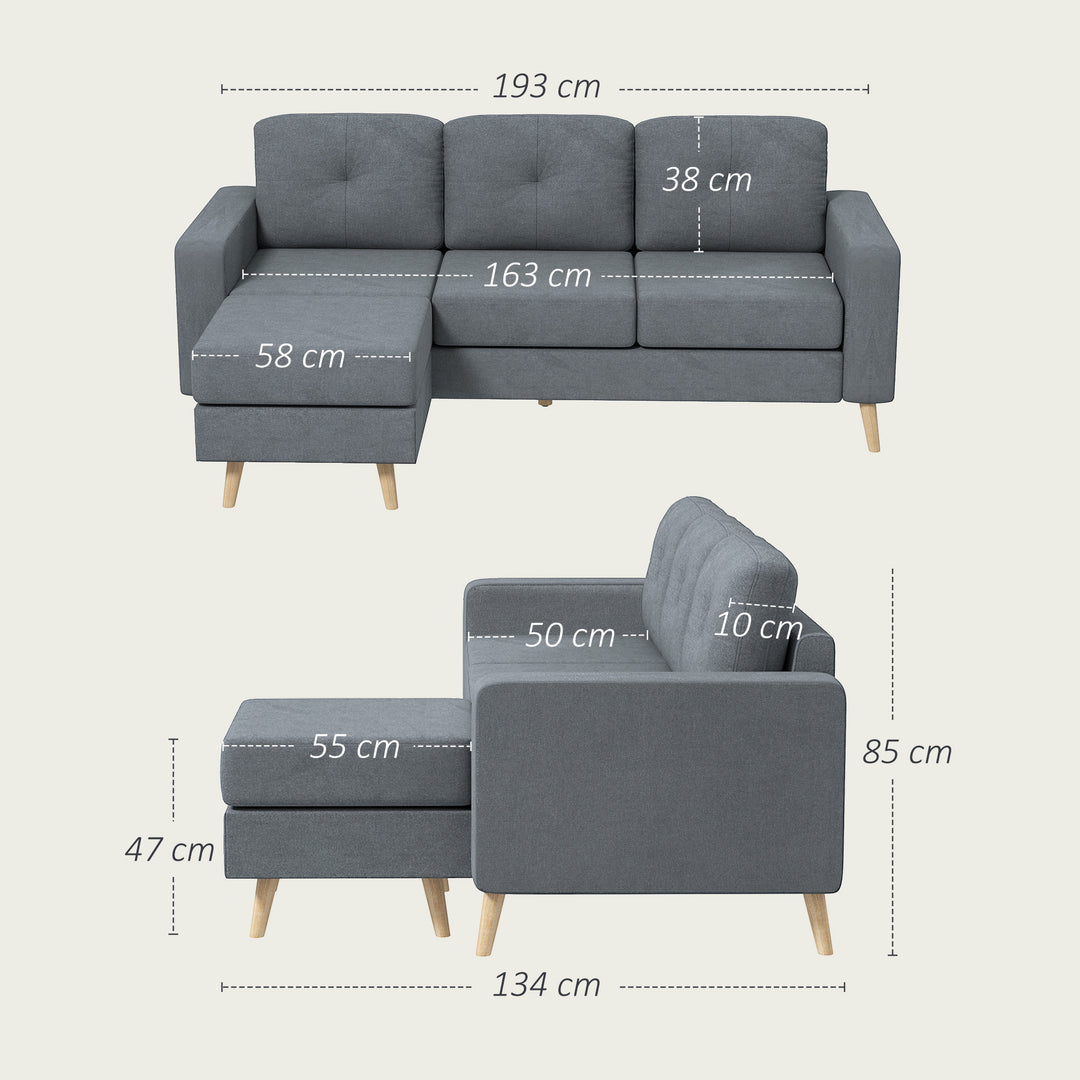 3 Seater Sofa with Footstool, Fabric L-Shaped Sofa, Sectional Couch with Wood Legs, Tufting Cushioned Back for Small Space, Living Room, Office, Dark Grey