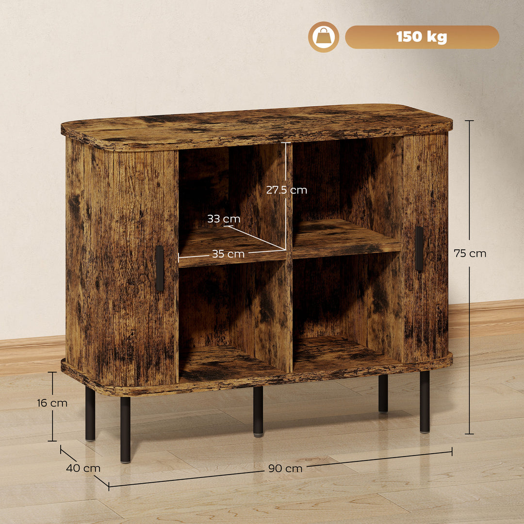 Mid-Century Modern Sideboard Storage Cabinet with Slatted Tambour Sliding Doors, Kitchen Cabinet with Steel Legs, Rustic Brown