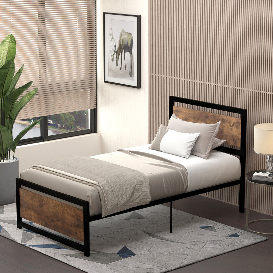Single Size Metal Bed Frame with Headboard & Footboard, Strong Slat Support Solid Bedstead Base w/ Underbed Storage Space, Bedroom Furniture For Adults