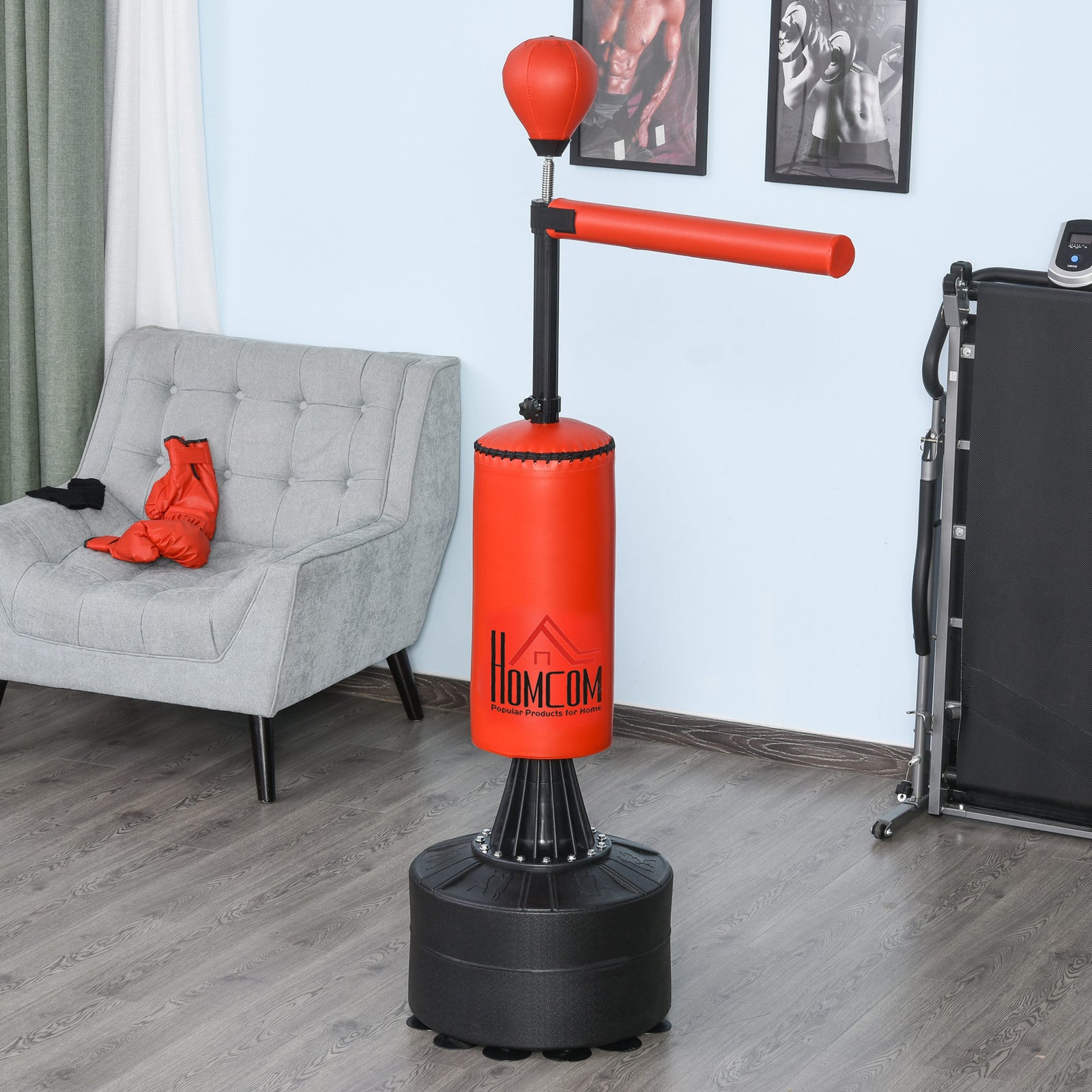 155-205cm 3-IN-1 Freestanding Boxing Punching Bag Stand, Boxing Speed Trainer with Rotating Flexible Arm, Speed Ball, Fillable Base, Red
