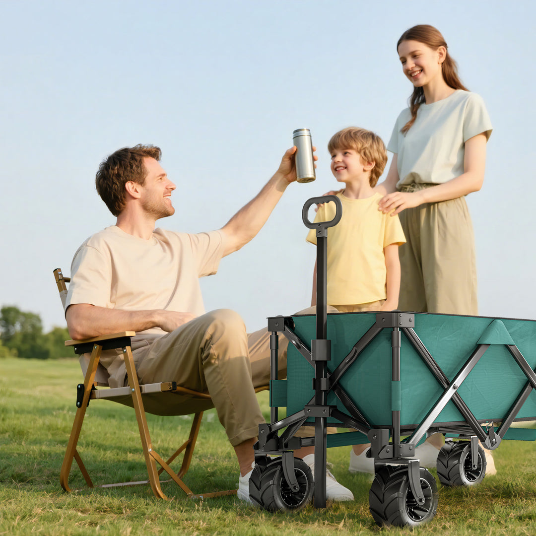 140L Festival Trolley on Wheels, Folding Camping Trolley Cart with Telescopic Handle, Big Wheels for Outdoor Garden Beach Fishing, Green