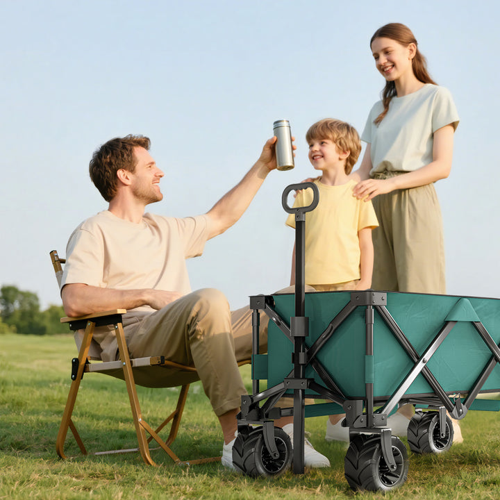 140L Festival Trolley on Wheels, Folding Camping Trolley Cart with Telescopic Handle, Big Wheels for Outdoor Garden Beach Fishing, Green