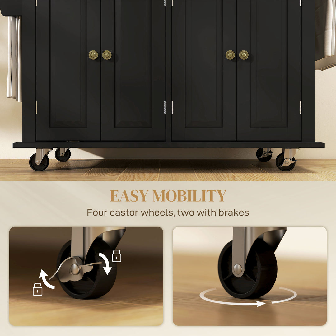 Rolling Kitchen Island Storage Trolley with Rubber Wood Top & Drawers for Dining Room, Black