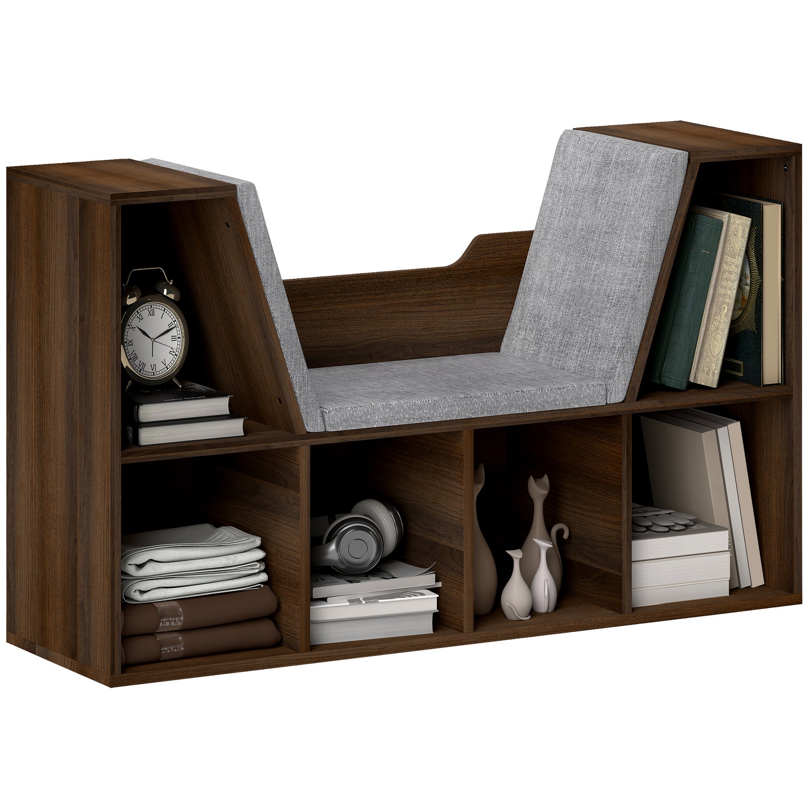 Bookcase Storage Shelf with Cushioned Reading Seat, Cube Bookshelf Organizer for Bedroom Living Room, Chestnut