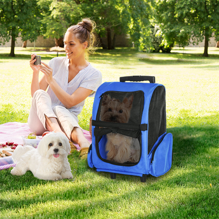 PawHut Portable Pet Carrier Backpack with Trolley, Telescopic Handle, Stroller Wheels for Cats & Dogs, 42 x 25 x 55 cm, Blue | Aosom UK