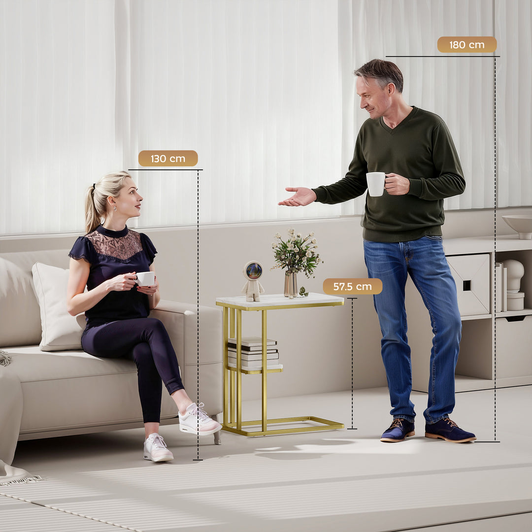 MCL C-Shaped Narrow Side Table, 2-Tier Slim End Table, Nightstand for Small Spaces, Living Room, Bedroom, White Marble Grain
