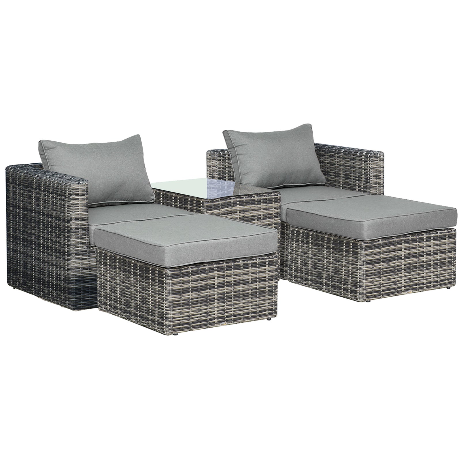 Five Piece Rattan Armchair, Stool and Table Set - Mixed Grey