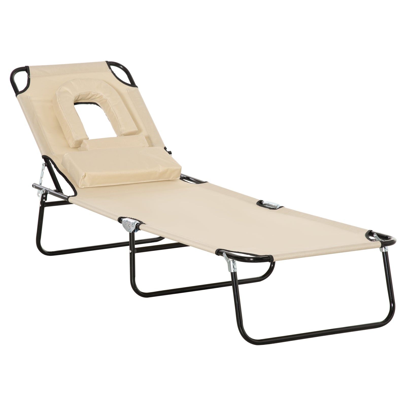 Outdoor Folding Sun Lounger with Face Hole, 4 Level Adjustable Backrest Reclining Garden Lounger, Garden Recliner Sunbed with 600 D Oxford Cloth Seat and Pillow for Beach, Beige