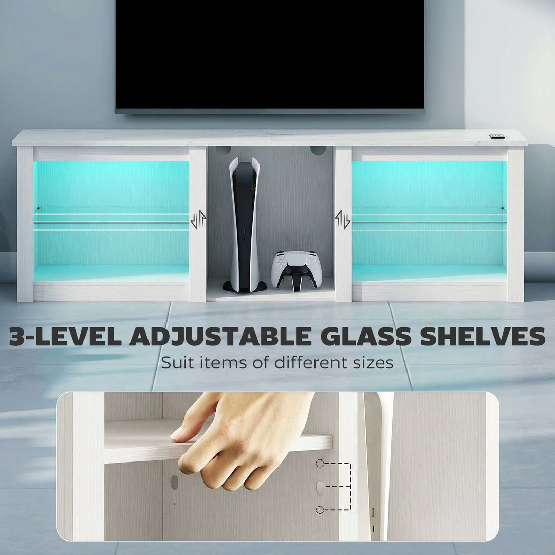 70in TV Stand, with LED Lights and Storage - White