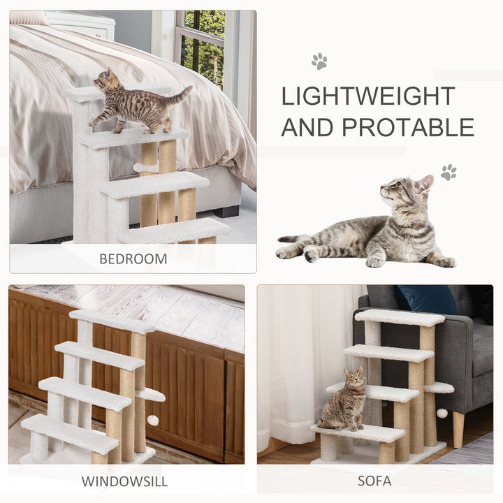 PawHut Pet Stair with 4-step Climb Ladder, Scratching Posts, Platforms, Toy Ball, for Indoor Elderly Cats Kittens, White