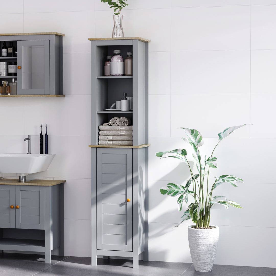 kleankin Tall Linen Cabinet: Freestanding Bathroom Storage with 3-Tier Shelf & Cupboard, Slim Side Organiser, Grey | Aosom UK