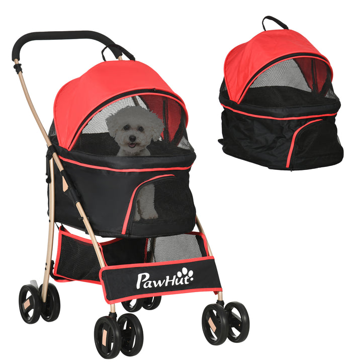 PawHut 3-In-1 Pet Stroller, Detachable Dog Pushchair with Universal Wheels, Brake & Canopy, Foldable Travel Bag for XS & S Pets, Red | Aosom UK