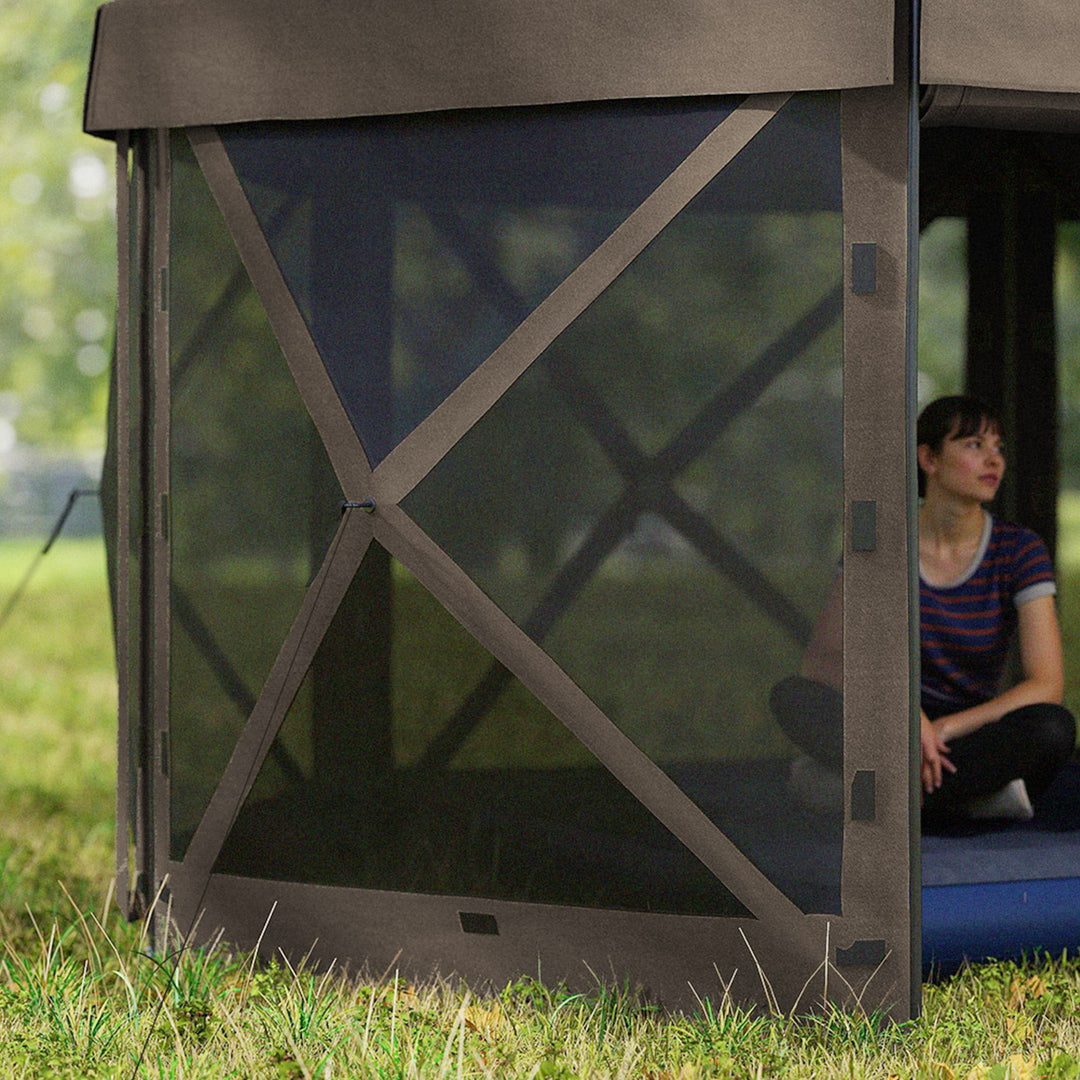 3 x 3(m) Hexagon Pop Up Gazebo with 5 Sides and Carry Bag, Waterproof, UV Resistant Party Tent Instant Event Shelter with Netting for Garden, Patio, Brown