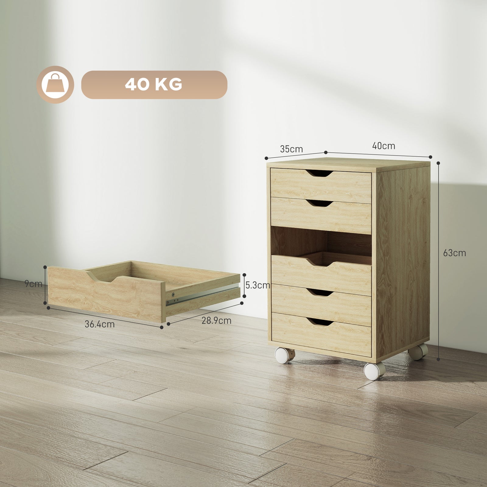 6 Drawer Vertical File Cabinet, Mobile Filing Cabinet with Quiet Drawe